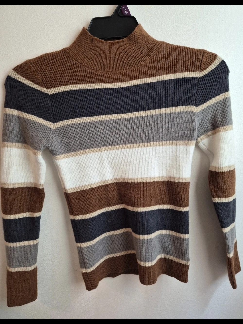 Striped Mock Neck Sweater in Brown, Gray, Navy & White